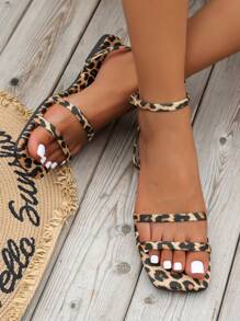 女士豹纹平底凉鞋，踝带设计，夏季棕色拖鞋，优雅仿麂皮休闲鞋，一脚蹬穆勒鞋，沙滩装扮 - 棕色 - 查看 3