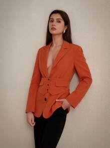 Aveloria Modichic Solid Color Buttoned Waist Belt Pocketed Slimming Long Sleeve Blazer