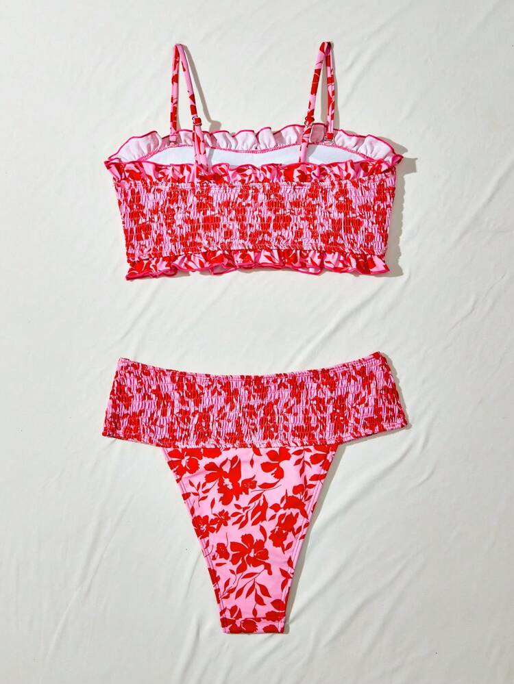 Women Vacation Beach Plant Print Shirred Bikini Set For Summer Beach