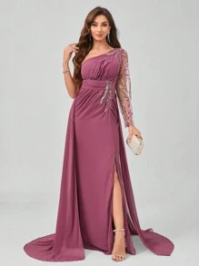 UNITHORSE One Shoulder Long Sleeve Heavy Crystal Beaded High Slit Evening Gown - Red Violet - View 2