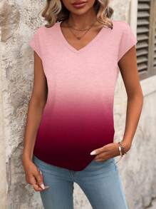 EMERY ROSE Women's Gradient Color Printed V-Neck Short Sleeve Casual T-Shirt, Summer For New Year Clothes Graphic Tees Women Tops - Red - View 3