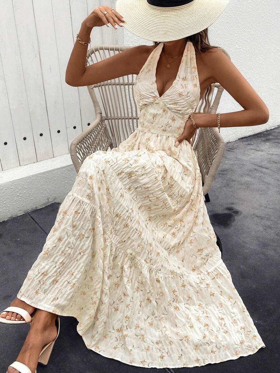 Breezaya Textured Fabric Print Strap Swing Dress Maxi Vacation Beach Outfits Women