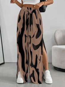 SHEIN Essnce Pantalon large plissé imprimé bloc de couleur avec fente haute sur le côté, mode streetwear pour femmes