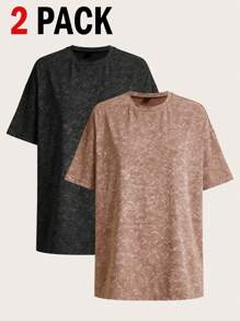 SHEIN Essnce 2 pezzi Maglietta casual estive da donna in nero e bianco caffè a righe adatte per attività all'aperto, collo rotondo oversize e vestibilità ampia - Multicolore - Visualizzare 1