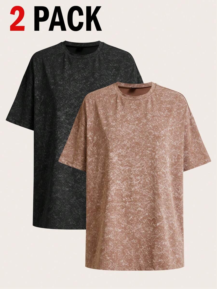 SHEIN Essnce 2 pezzi Maglietta casual estive da donna in nero e bianco caffè a righe adatte per attività all'aperto, collo rotondo oversize e vestibilità ampia - Multicolore - Visualizzare 1