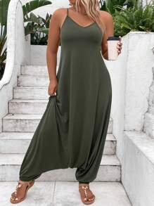 SHEIN LUNE Plus Size Solid Color Backless Sleeveless Jumpsuit For Summer - Army Green - View 1