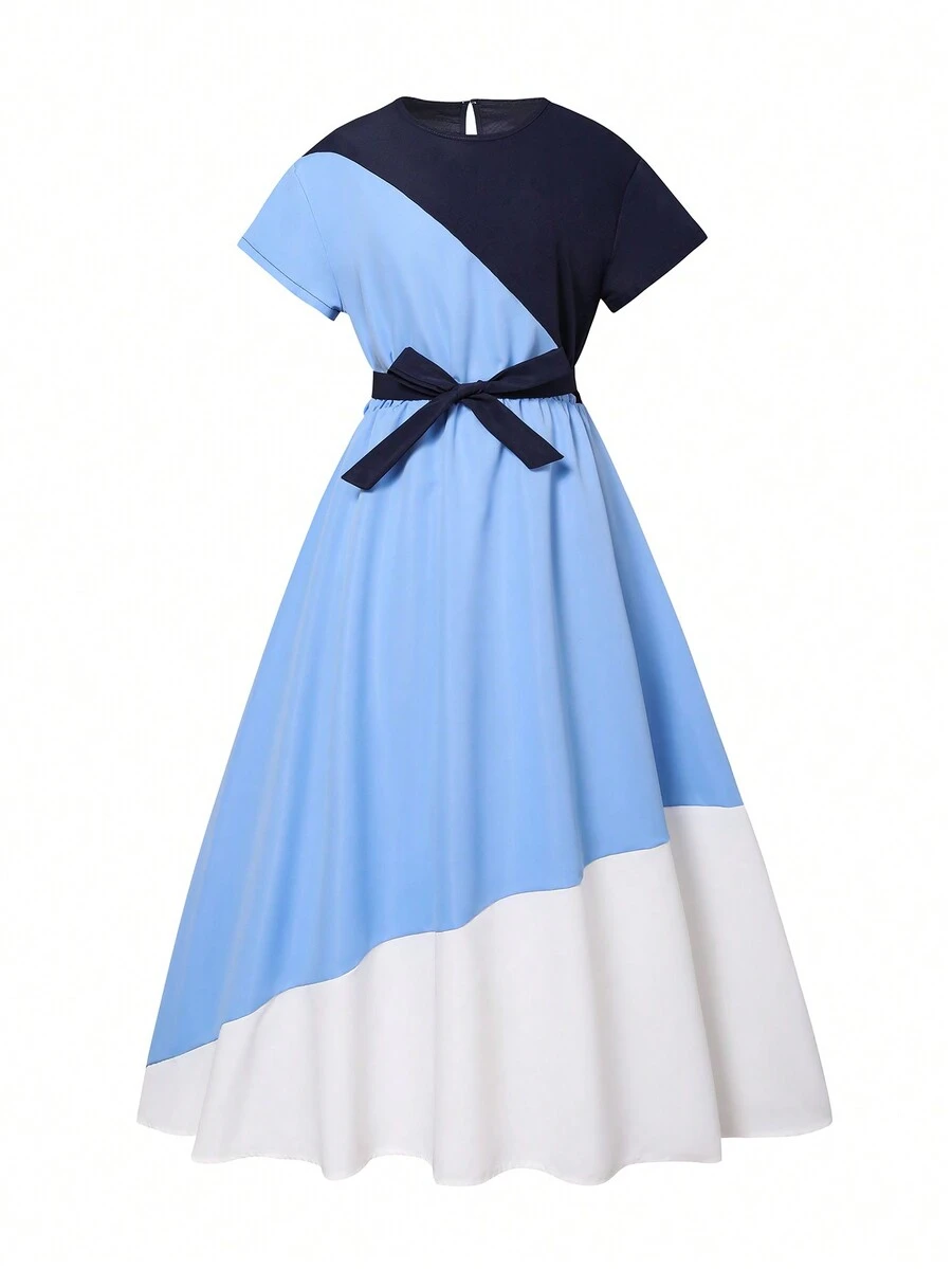 Teen Girl Color Block Dress With Belt - Multicolor - View 1