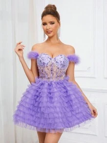 SHEIN Belle Vestido elegante, hermoso, encantador y lindo estilo princesa de tela de tul de malla multicapa en tono lila con decoración de plumas y efecto brillante en patchwork con forma de taza de hombro descubierto. Ideal para festivales de música, regreso a clases, ceremonias de graduación, fiestas de baile, té de la tarde, reuniones, cócteles y ocasiones formales. (Nota: la manga es de plumas). - Púrpura malva - Ver 6