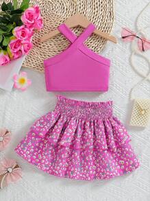 SHEIN Conjunto de vestido de estilo de vacaciones para niña joven con camisola de unicolor sin mangas y vestido corto con cintura elástica y estampado floral, verano