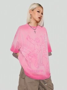 SHEIN EZwear Camiseta de punto pesado para mujer con cuello redondo y hombros caídos con impresión de personaje de dibujos animados de verano