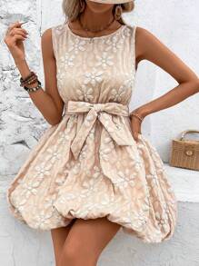 SHEIN LUNE Round Neck Sleeveless Flounce Hem Textured Dress With Smocking Waistline - Apricot - View 6