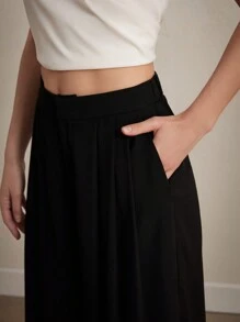 Aveloria Modichic Pantalones anchos de alta gama de pierna ancha y liso con pliegues para ocasiones tanto casuales como formales - Negro - Ver 3