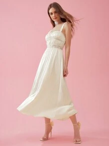 Enchnt Women's Summer Lace Patchwork Casual Spaghetti Strap Dress - Apricot - View 6