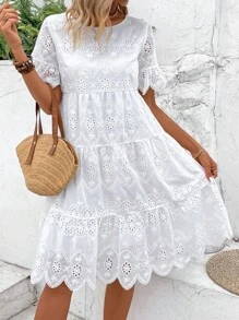 Breezaya Váy thêu rỗng màu thường ngày dành cho nữ trong kỳ nghỉ hè - trắng - Xem 1