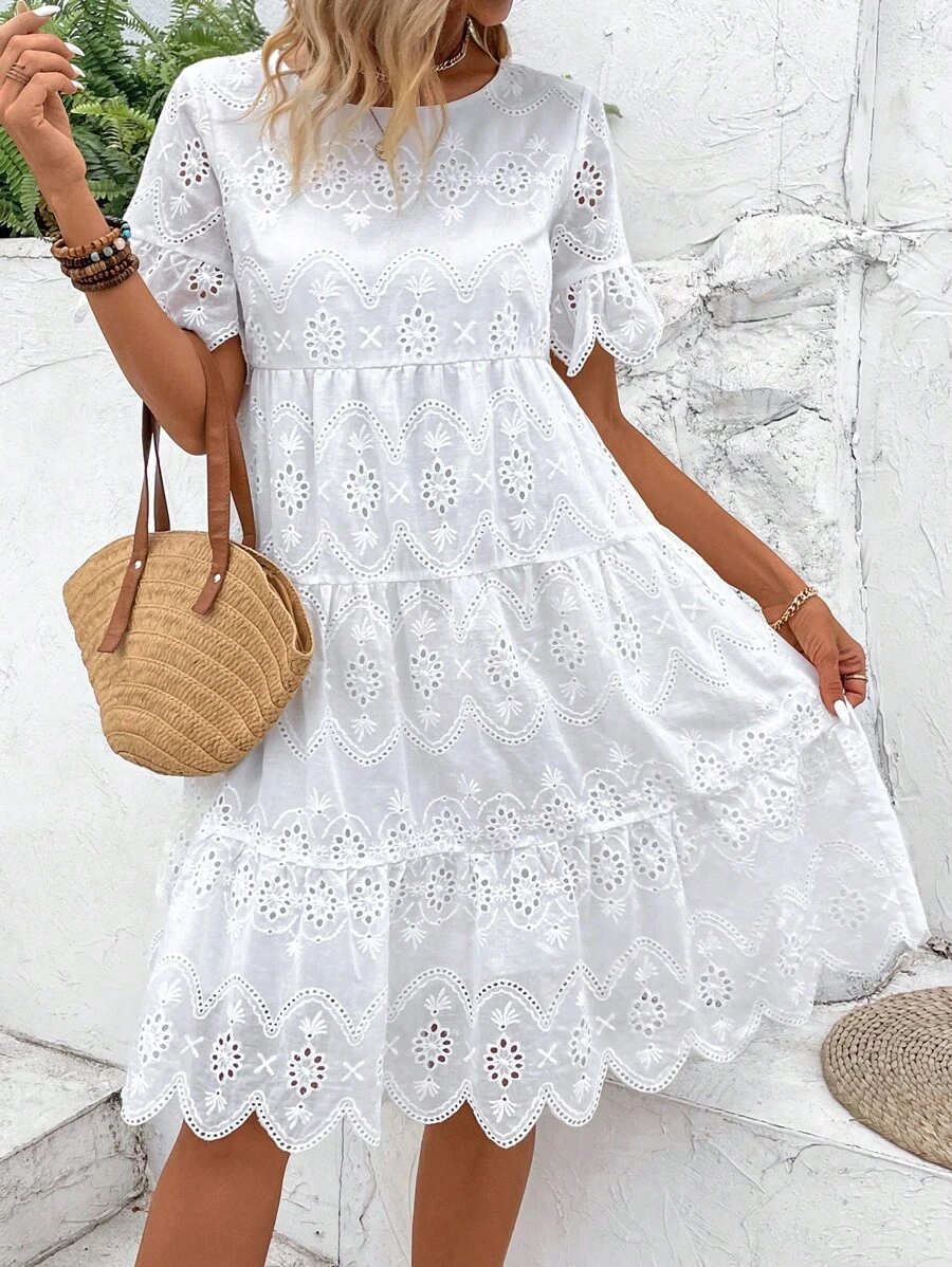 Breezaya Váy thêu rỗng màu thường ngày dành cho nữ trong kỳ nghỉ hè - trắng - Xem 1