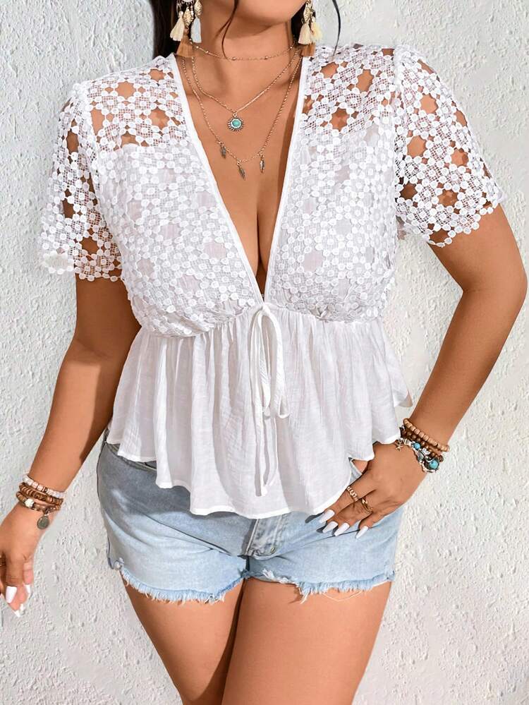 Plus Size Women's Solid Color Deep V-Neck Lace Trim Short Sleeve Top With Waist Tie And Ruffled Hem For Summer