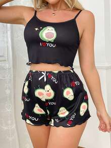 Women's Avocado Printed Summer Tank Top And Shorts Pajama Set - Black - View 3