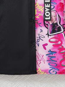 Tween Girl Fashion Printed Patchwork Notched Collar Dress - Multicolor - View 4