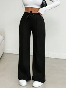 EURMUSE Women's Solid Color Drawstring Waist Long Pants - Black - View 3