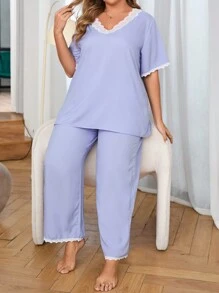 Conjunto de pijama de verano de talla grande con parte superior de encaje con parches, cuello en V y mangas cortas, y pantalones - Azul - Ver 1