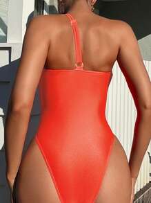 Swim SXY Women's Solid Color Asymmetrical Neckline Hollow Out Sexy One-Piece Swimsuit Bathing Suit For Summer Beach