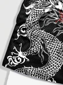 ROMWE MEN Street Life Men's Dragon Printed Breathable Basketball Shorts, 2 In 1 Design, Spring/Summer, School - Black - View 3