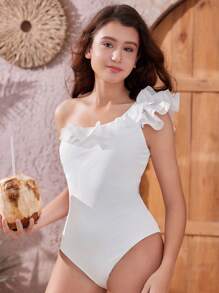 SHEIN 少女荷葉邊單肩分層設計白色泳衣，誇張的風格 - 白色 - 查看 5