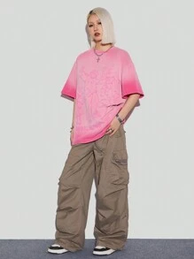 SHEIN EZwear Camiseta de punto pesado para mujer con cuello redondo y hombros caídos con impresión de personaje de dibujos animados de verano