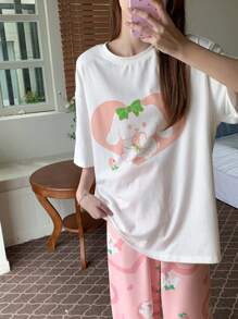 DAZY Cute Rabbit Printed Loose White Top & Pants Sleepwear Pajama Set - White - View 7