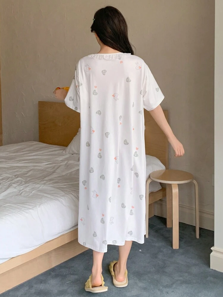Lovely Heart-Shaped Rabbit Allover Print Lace Trim Sleep Dress