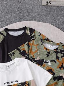 青少年男孩夏季迷彩印花圓領短袖休閒T卹，帶字印花 - 彩色 - 查看 5