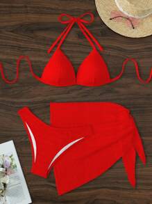 SHEIN Swim Conjunto de bikini con falda de 3 piezas de traje de baño con escote halter y color solido sexy para mujer, ideal para verano y playa