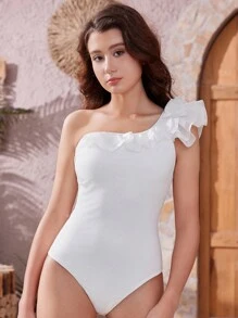 SHEIN 少女荷葉邊單肩分層設計白色泳衣，誇張的風格 - 白色 - 查看 1