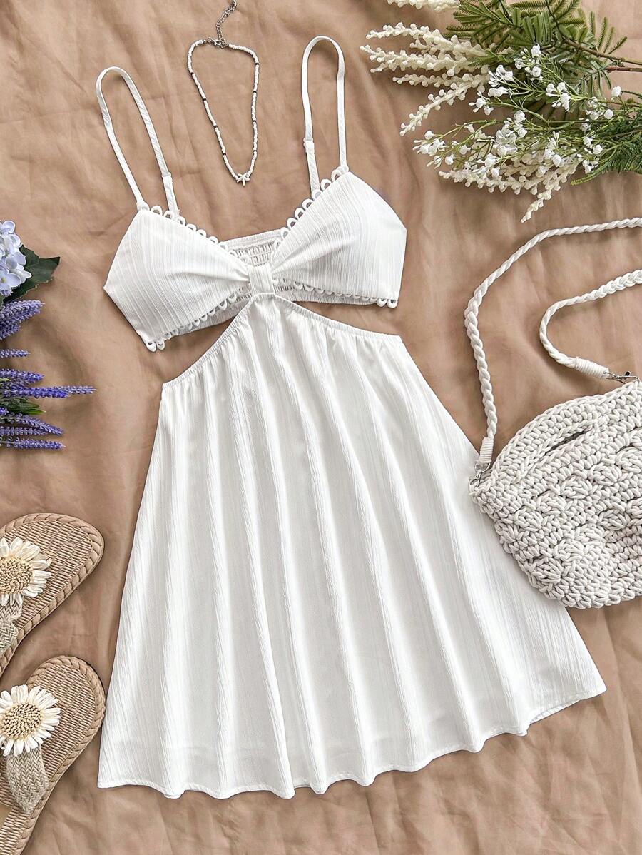 Soleia WYWH Women's White Hollowed Waist V-Neck Strappy Vacation Dress, Summer,Summer Dresses For Women - White - View 1