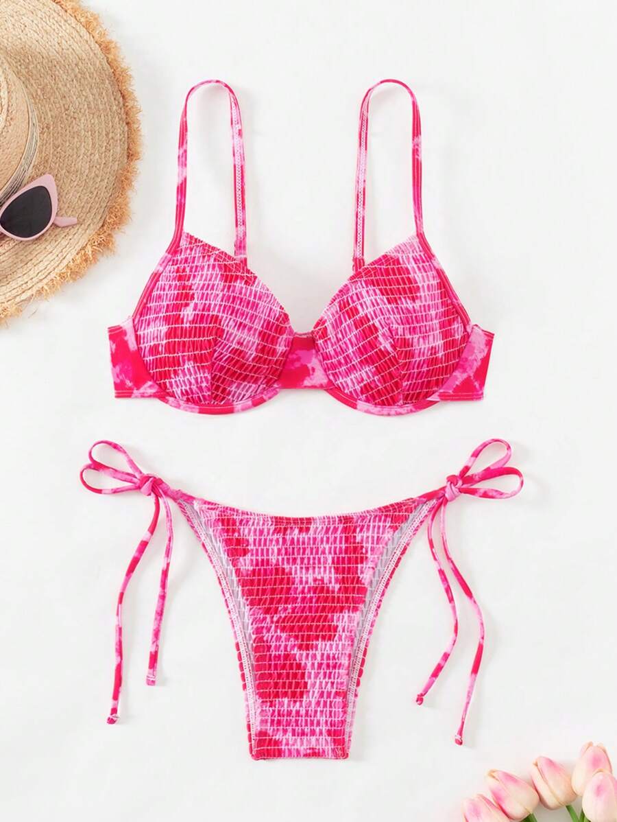 SHEIN Swim 女士扎染性感比基尼套装，适合夏季海滩，随机印花，分开的比基尼套装 - 彩色 - 查看 1