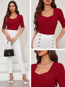 SHEIN Clasi Áo thun nữ Slim Fit cổ khoét sâu - Đỏ - Xem 1