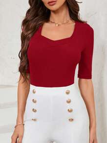 SHEIN Clasi Áo thun nữ Slim Fit cổ khoét sâu - Đỏ - Xem 2