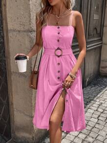 Chiquease Women's Summer Solid Color Single-Breasted Long Casual Sling Dress Maxi Women Outfit - Hot Pink - View 4