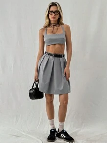 SHEIN Unity Women's Back Tie Solid Color Camisole Top And Pleated Skirt 2pcs Set - Grey - View 3