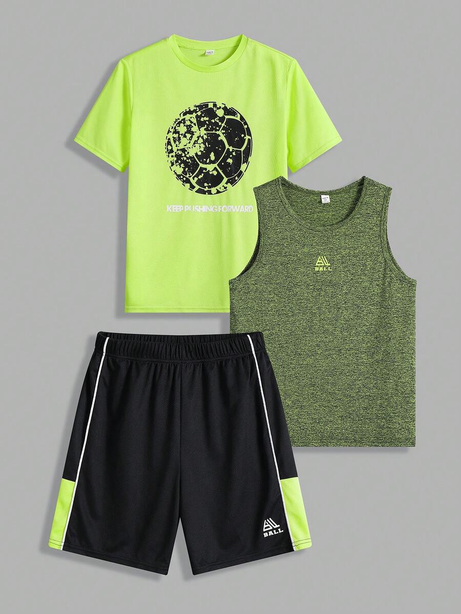 Juego de ropa deportiva casual para adolescente incluye 3 piezas: camiseta con estampado de fútbol de manga corta, top sin mangas con logo impreso y shorts con bloques de color impresos - Multicolor - Ver 1