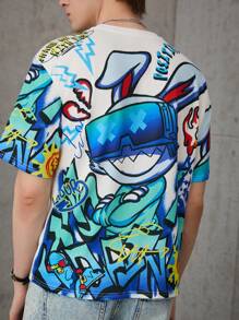 SHEIN Teen Boy Casual Hip Hop Street Graffiti Rabbit Printed Short Sleeve T-Shirt - White - View 1