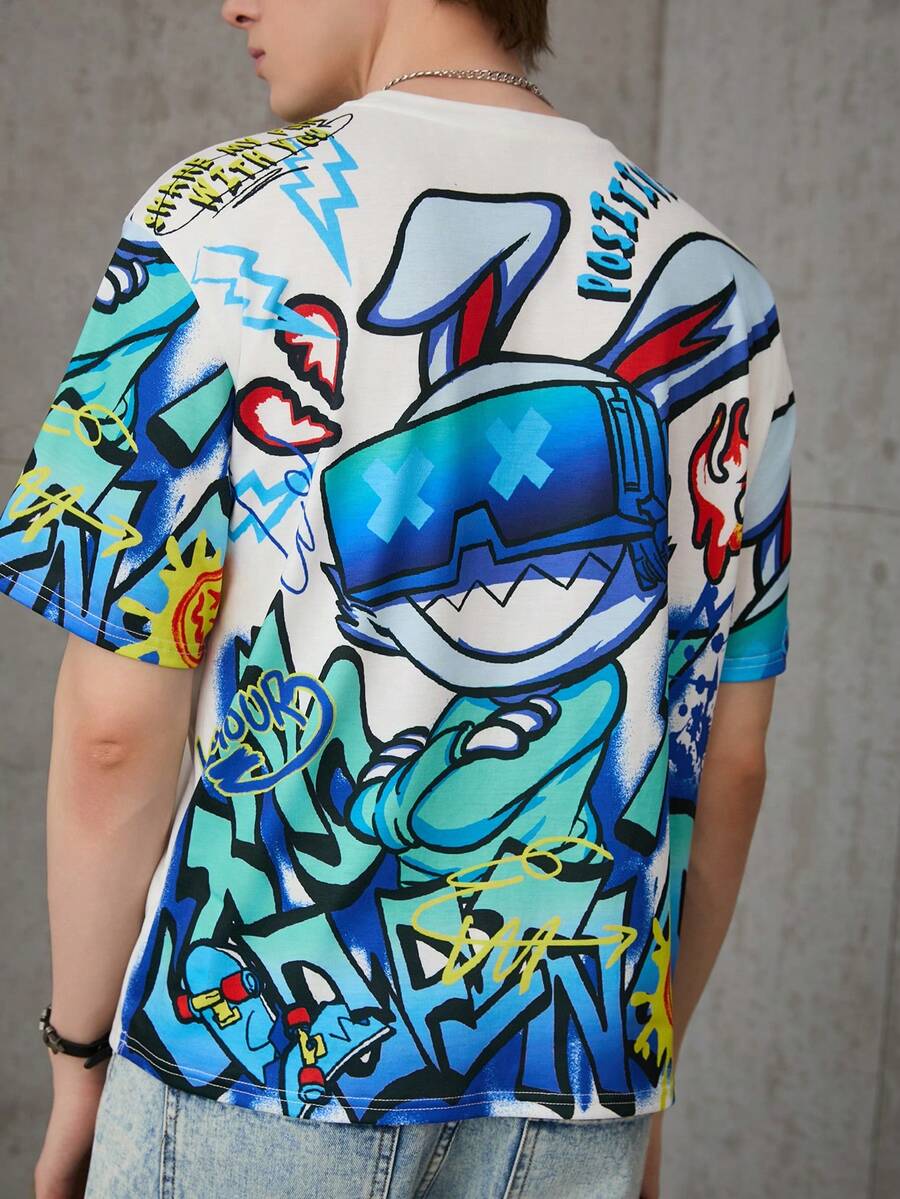 SHEIN Teen Boy Casual Hip Hop Street Graffiti Rabbit Printed Short Sleeve T-Shirt - White - View 1