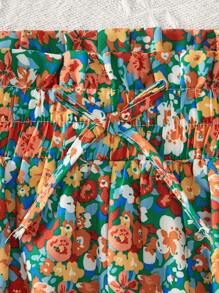 SHEIN Tween Girl Loose Fit Casual Ruffle Sleeve T-Shirt And Floral Allover Print Shorts Set - Rose Red - View 4