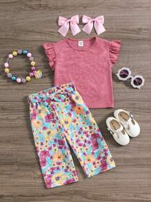 SHEIN Maglietta estiva con maniche corte con motivo floreale per bambina con pantaloni lunghi con cintura, vestito da vacanza estivo