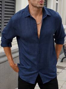 Manfinity Homme Camisa de manga larga a rayas de unicolor para hombres, estilo Old Money