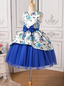 SHEIN Tween Girl Elegant Blue Party Dress With Round Neck, Sleeveless, Bowknot Decoration Suitable For Performances, Parties, Birthdays, Etc.