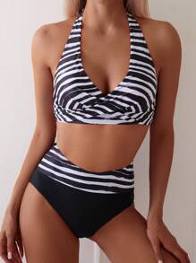 SHEIN Swim Women's Striped Cross Halter Neck Tie Two Pieces Bikini Set With Random Print For Summer Beach - Multicolor - View 1