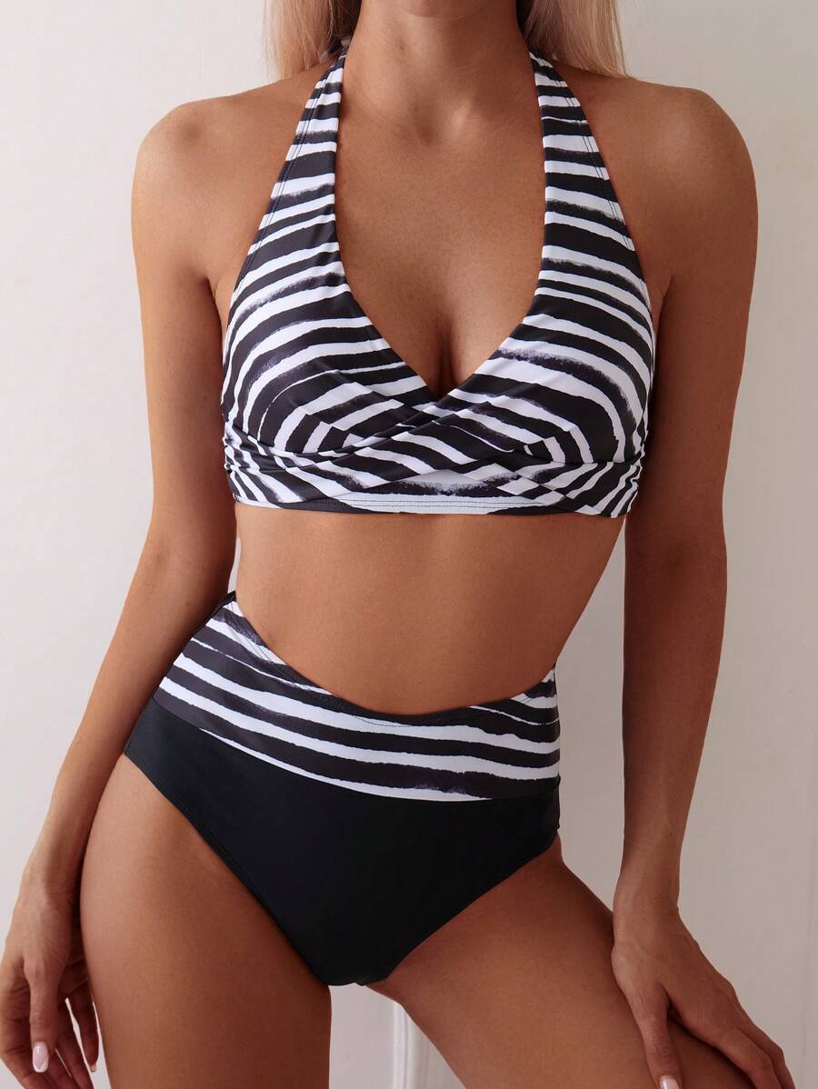 SHEIN Swim Women's Striped Cross Halter Neck Tie Two Pieces Bikini Set With Random Print For Summer Beach - Multicolor - View 1