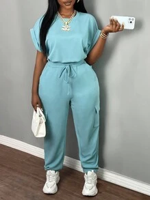 Slaydiva 加大尺碼女士夏季透藍色短袖上衣和褲子套裝-藍色 - 淺藍色 - 查看 8