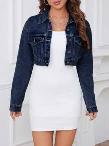 SHEIN ICON Women's Fashionable Casual Denim Jacket With Buttoned Front, Flap Pockets, Short Length